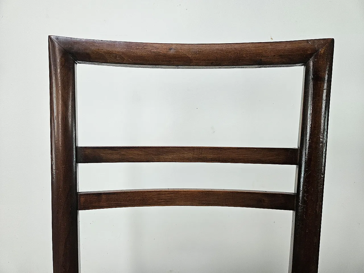 6 Art Deco dining room chairs in walnut and fabric, 40s 6