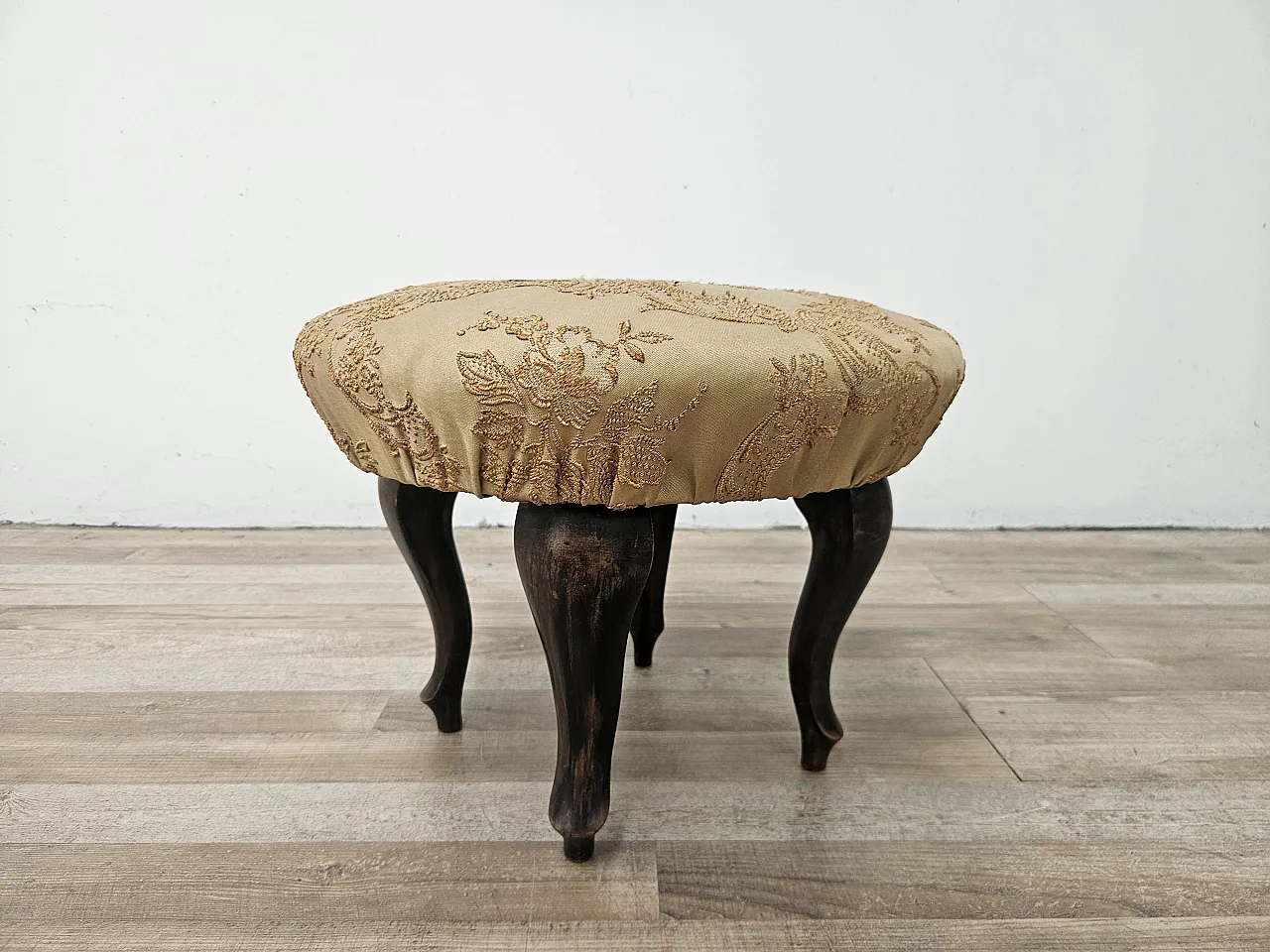 Walnut pouf with seat covered in fabric, 50s 1
