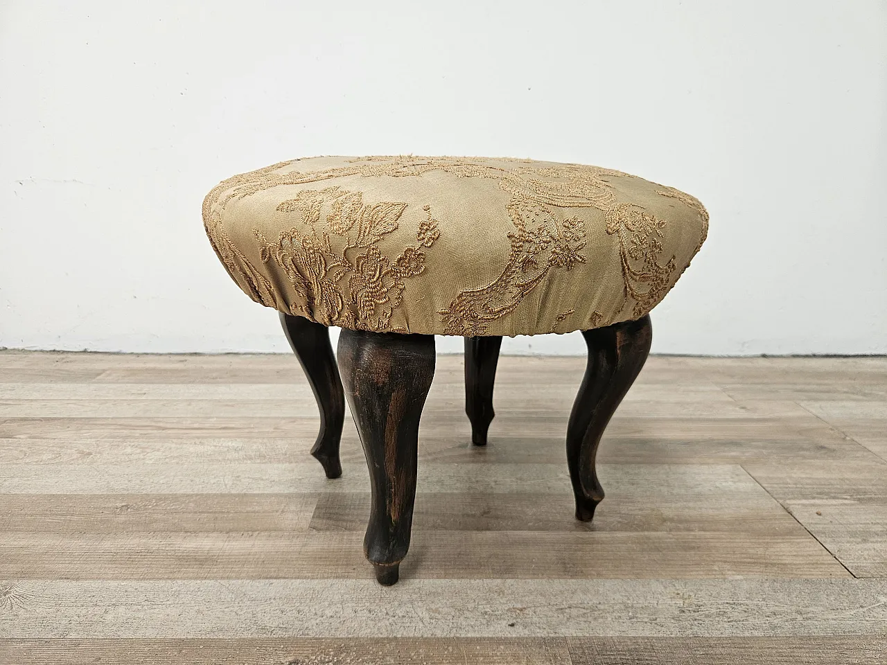 Walnut pouf with seat covered in fabric, 50s 2