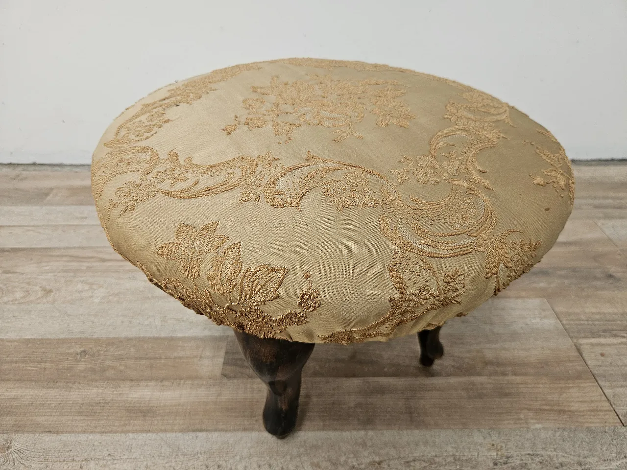Walnut pouf with seat covered in fabric, 50s 3