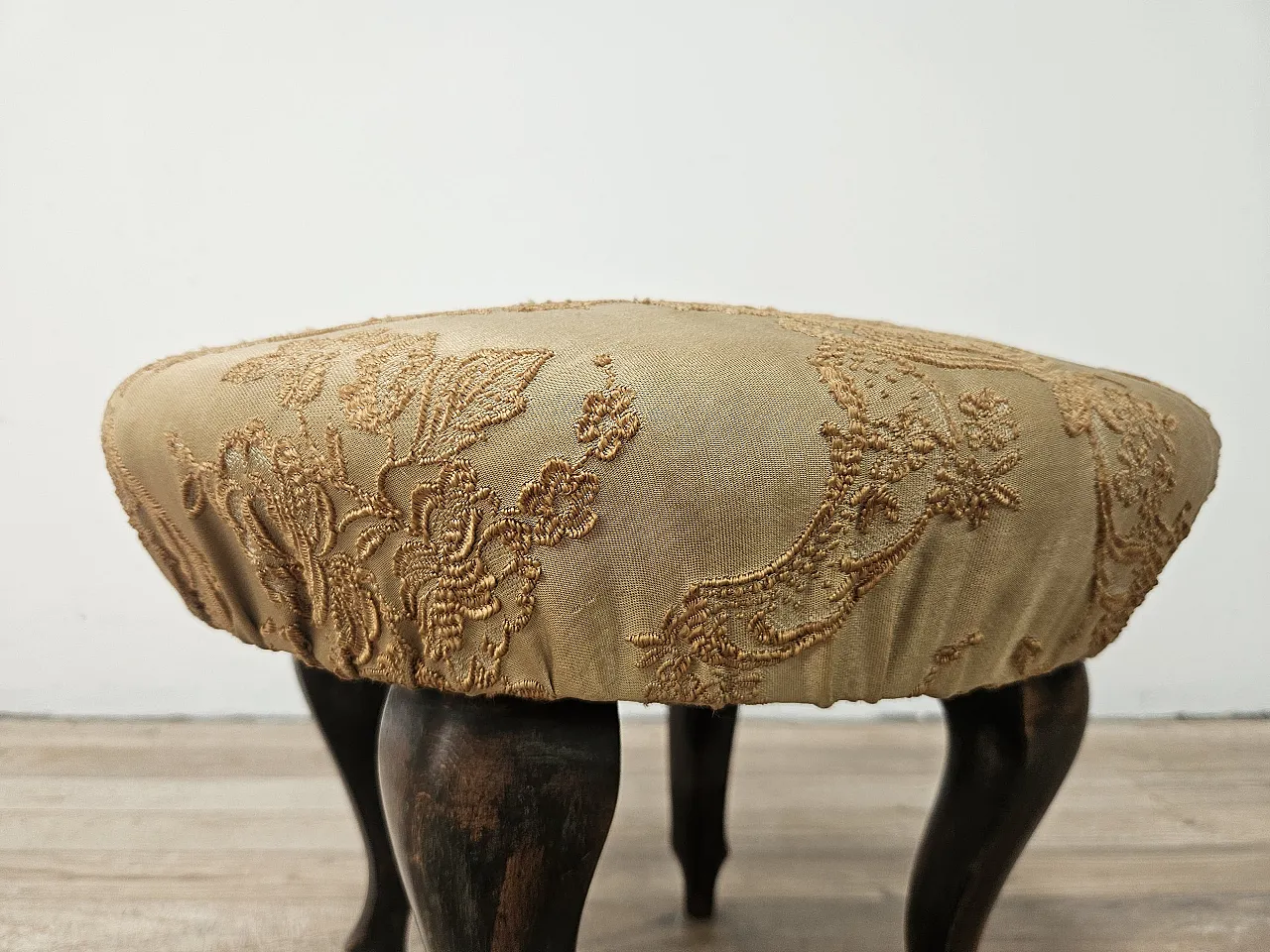 Walnut pouf with seat covered in fabric, 50s 4