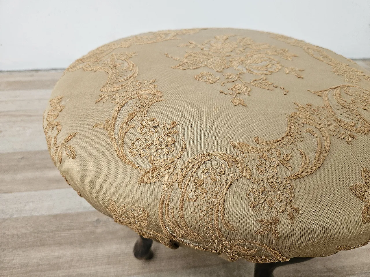 Walnut pouf with seat covered in fabric, 50s 5