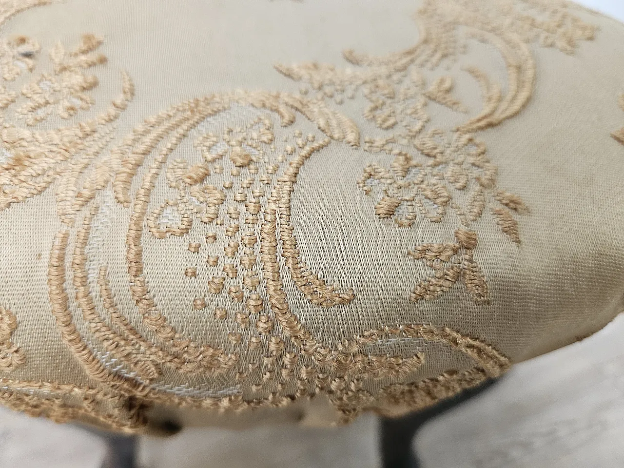 Walnut pouf with seat covered in fabric, 50s 6