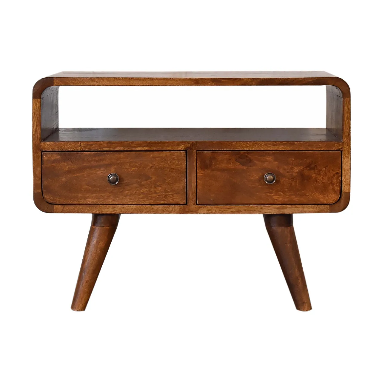 Chestnut curved media unit with 2 drawers, 2000s 2