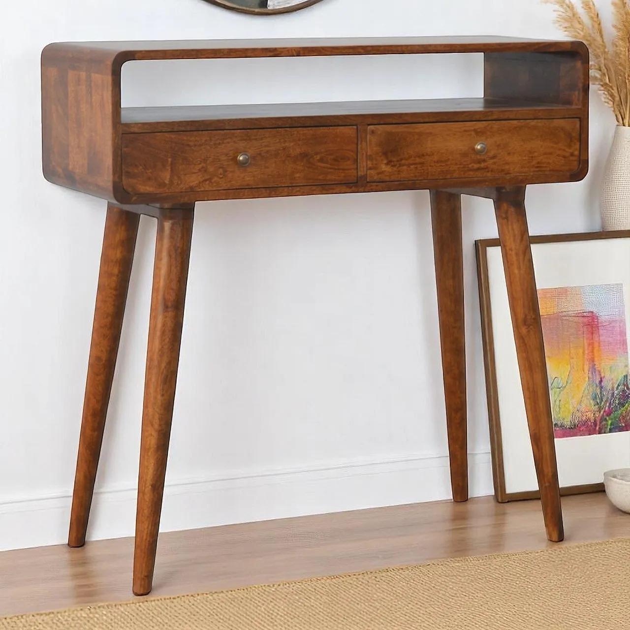 Curved chestnut console table made from solid mangowood, 2000s 1