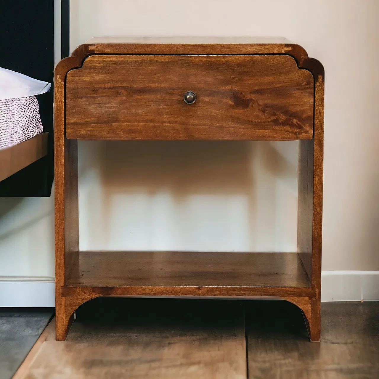 Solid mangowood Newton bedside with a chestnut finish, 2000s 10