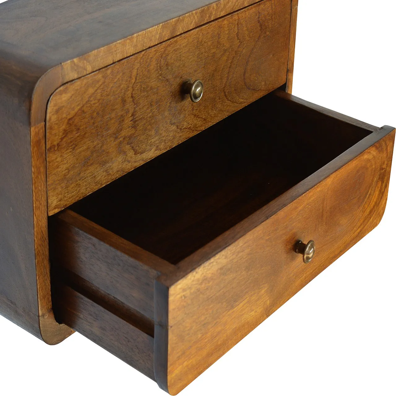 Floating curved chestnut bedside in solid mangowood, 2000s 8