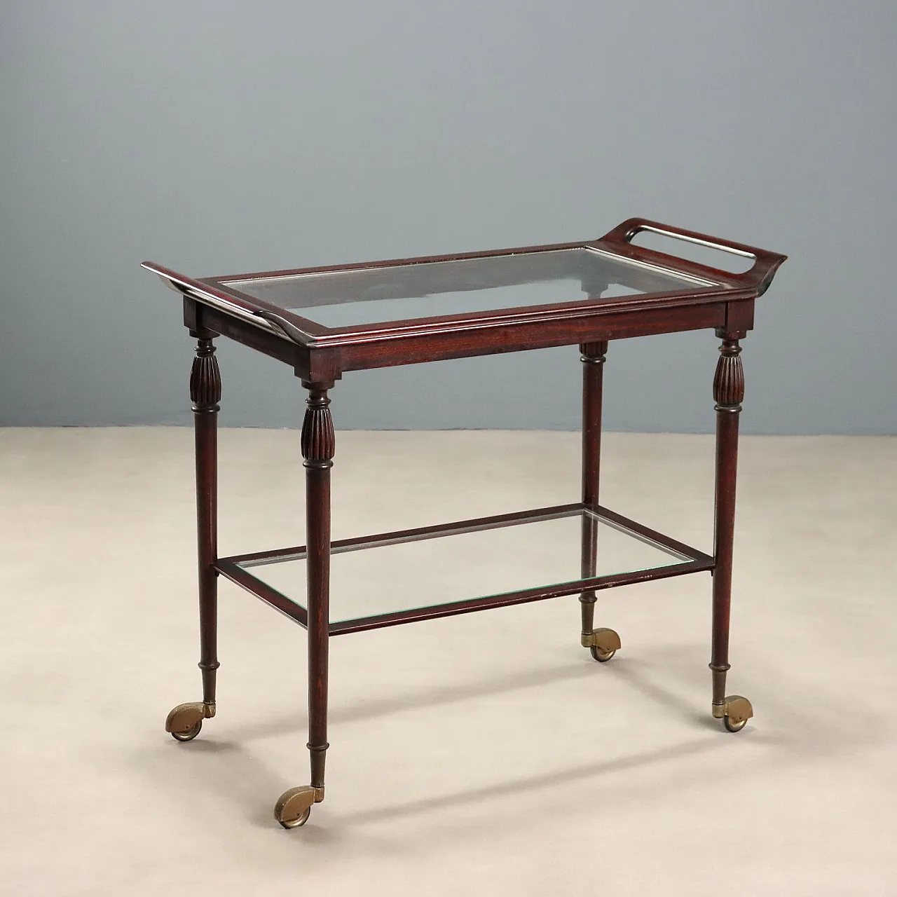 Service cart in mahogany wood and glass top, 1960s 1