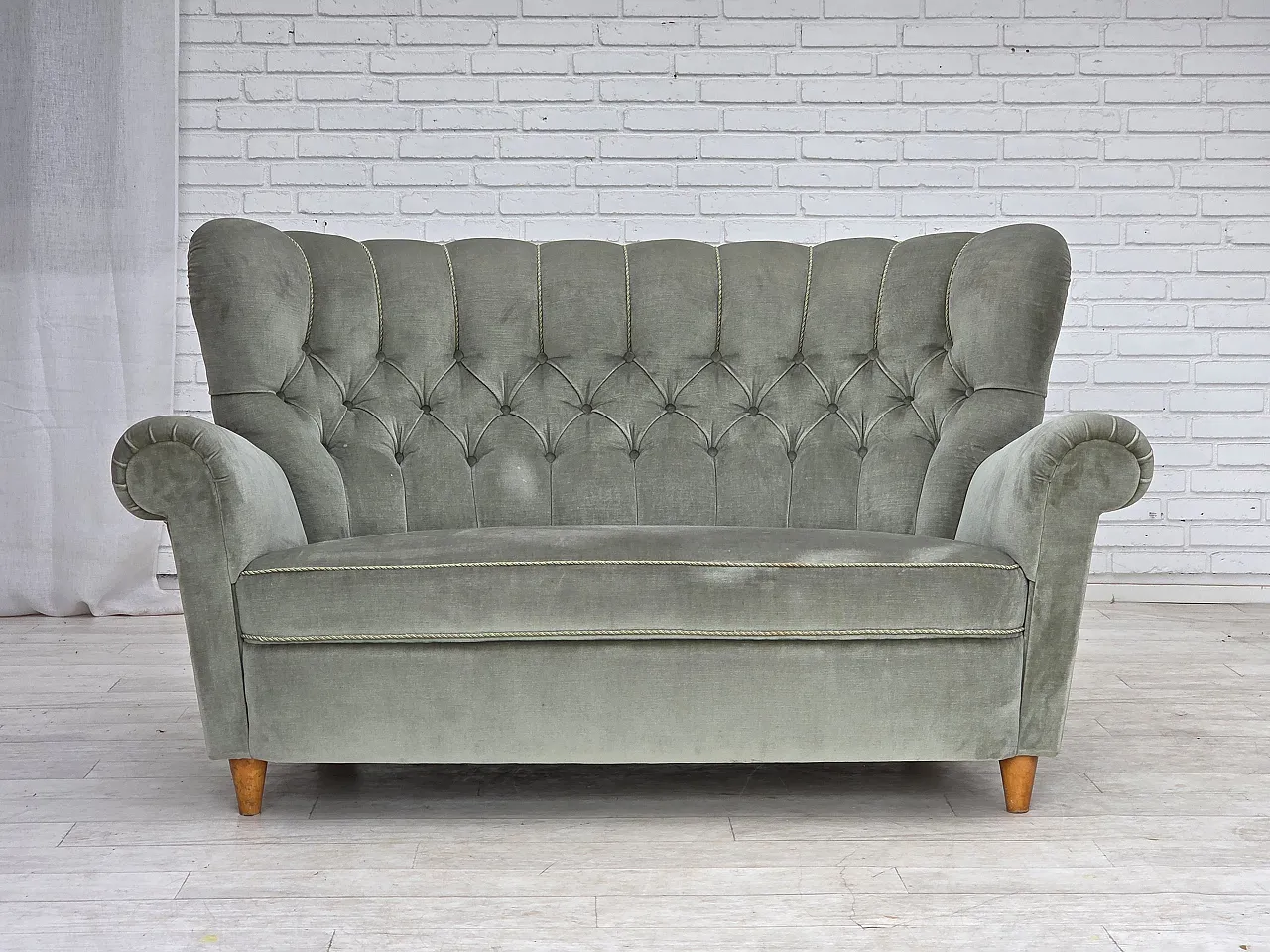 1960s, Danish 2-seater sofa. light green furniture velour. 1