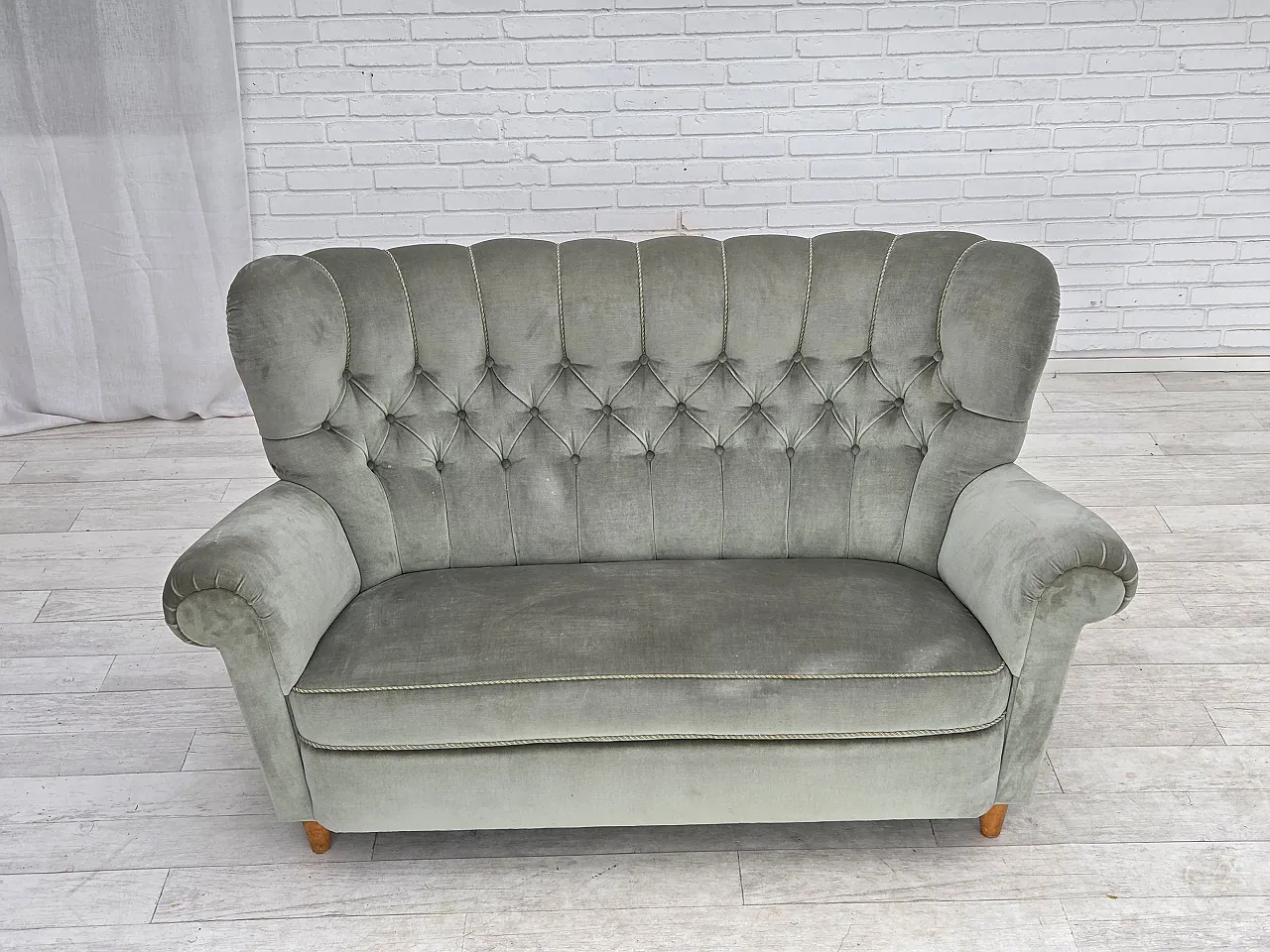 1960s, Danish 2-seater sofa. light green furniture velour. 2