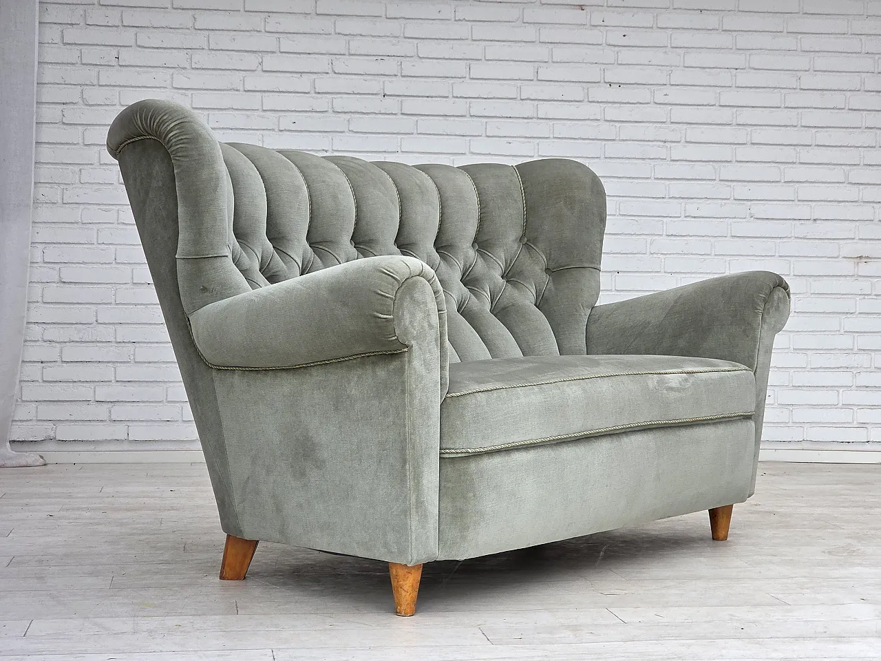 1960s, Danish 2-seater sofa. light green furniture velour. 4