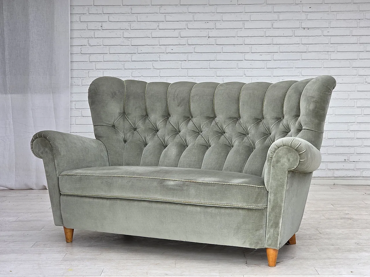 1960s, Danish 2-seater sofa. light green furniture velour. 16