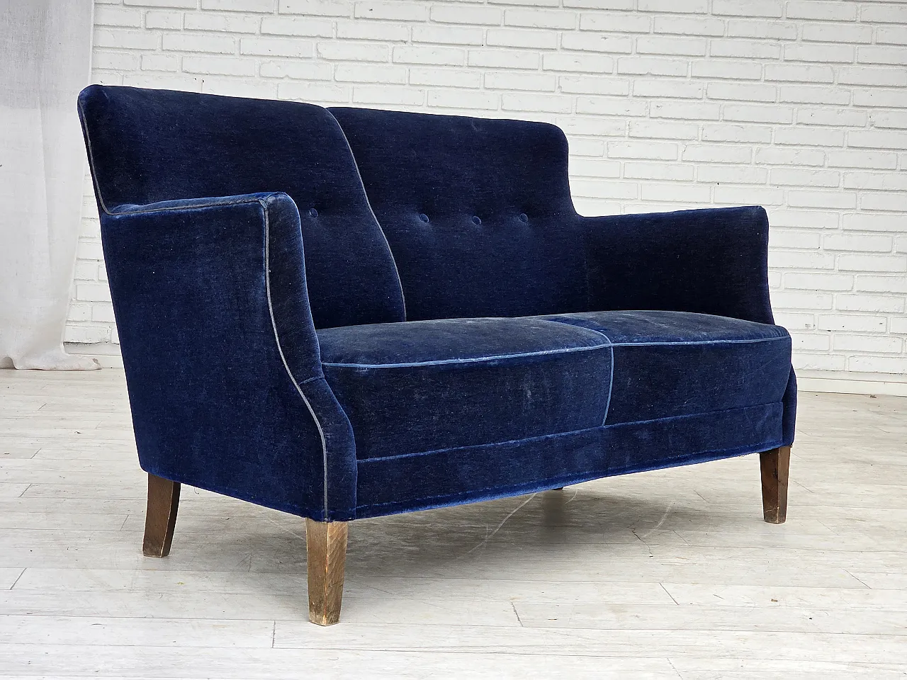 1960s, Danish 2-seater sofa. dark blue furniture velour. 4