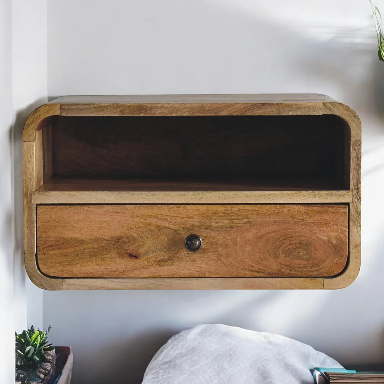 Oak‑ish curved floating bedside table, 2000s 9