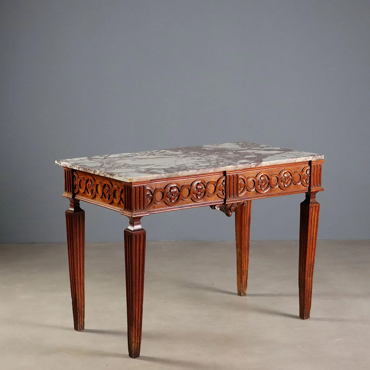 Neoclassical walnut console with marble top, 18th century 1