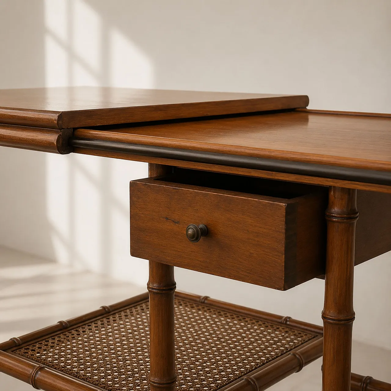 Servante anni ’70 in legno effetto bambù e paglia di vienna 1