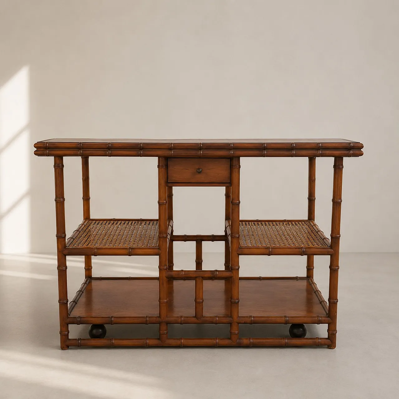 Servante anni ’70 in legno effetto bambù e paglia di vienna 4