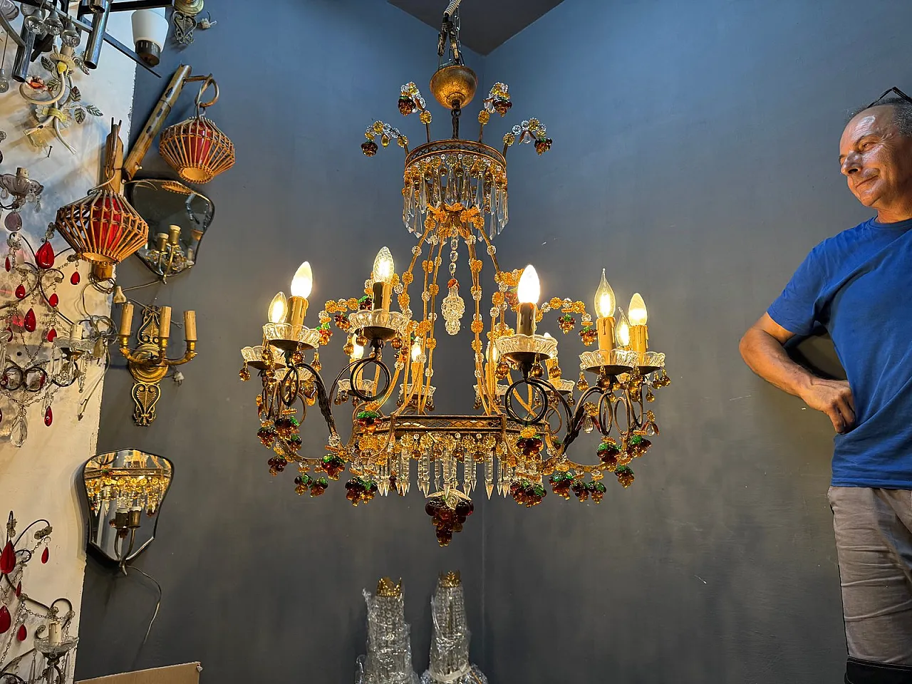 Lampadario grande con frutta e fiori in vetro di Murano, Italia, anni '50 11