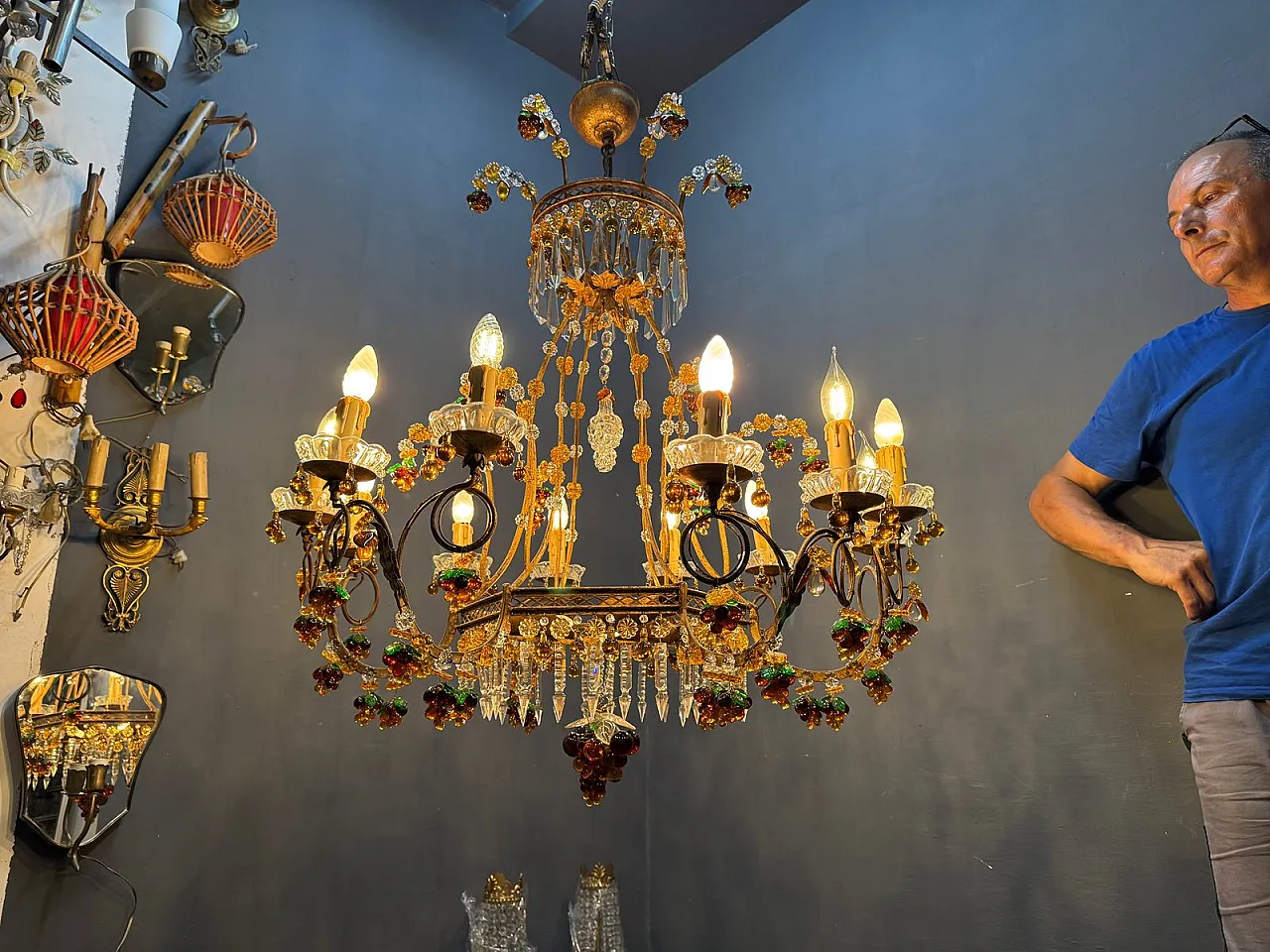 Lampadario grande con frutta e fiori in vetro di Murano, Italia, anni '50 16