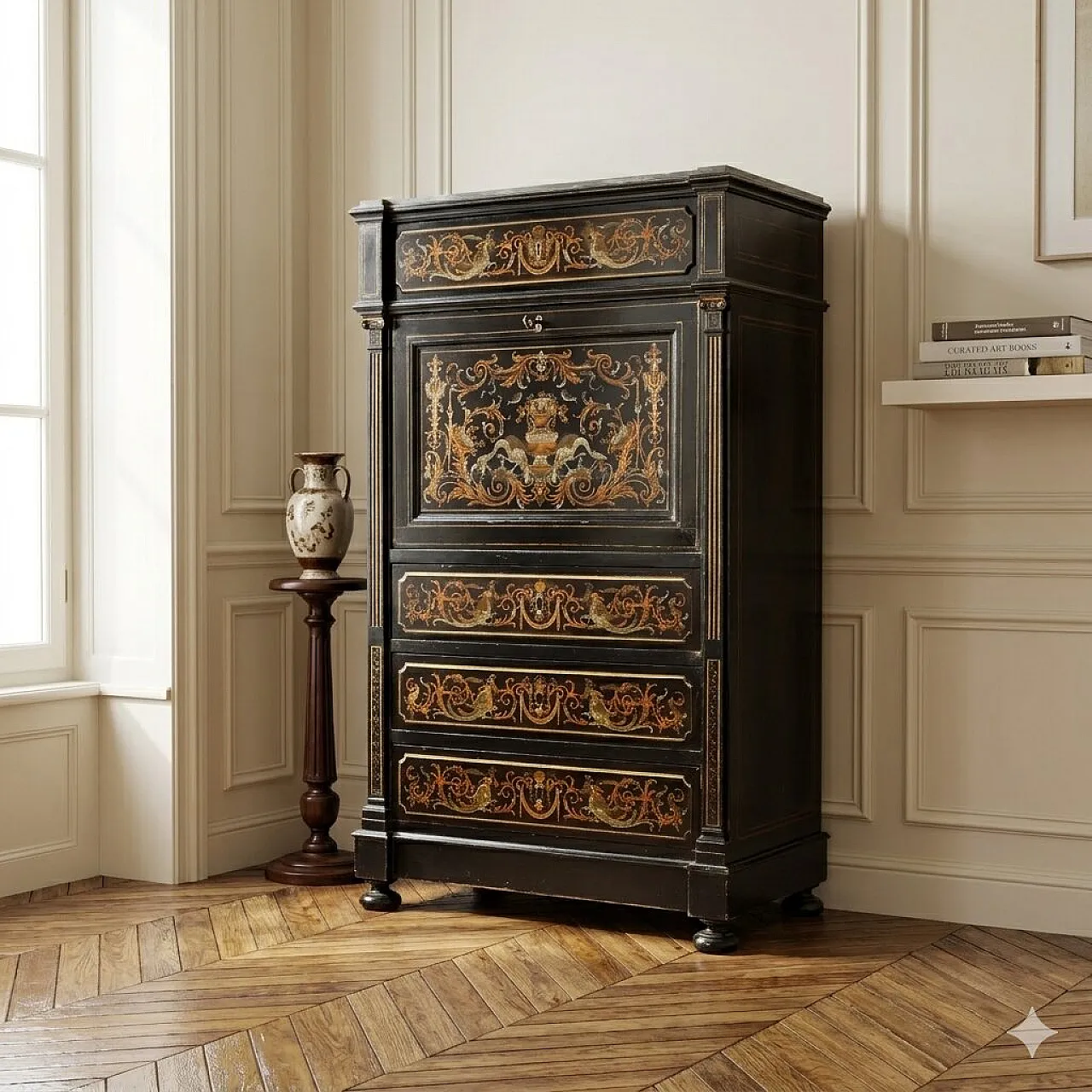 Ebonized mahogany and brass foil secretaire, 19th century 2