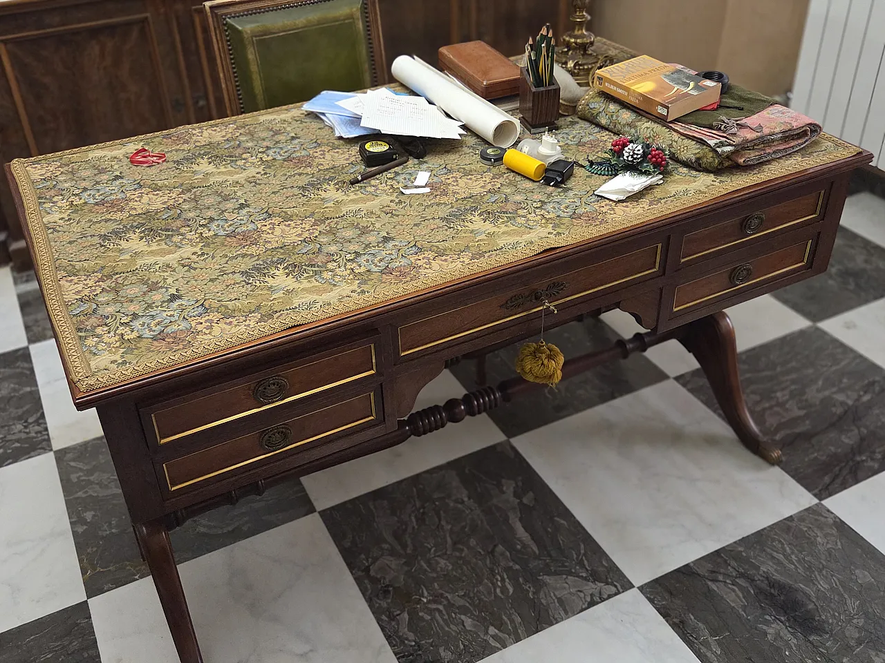 Louis XVI style desk with fabric top, 1960s 2