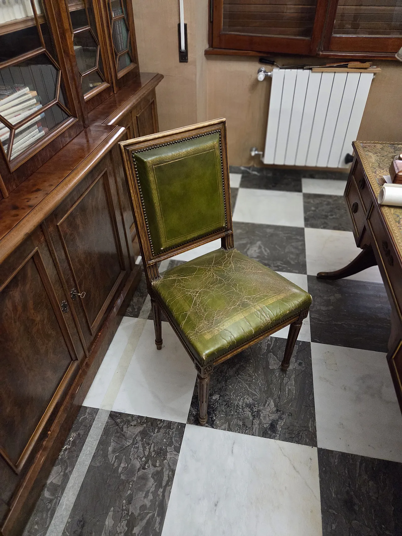 Louis XVI style guest chair in green leather, 1970s 3