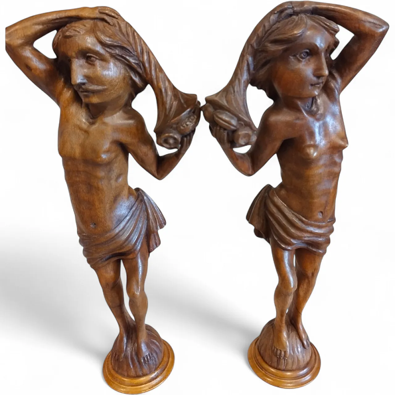 Pair of Walnut Wooden Statuettes columns, late 19th century 15