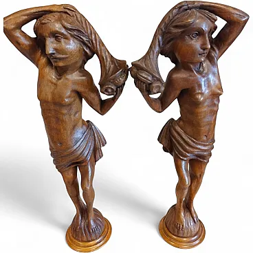 Pair of Walnut Wooden Statuettes columns, late 19th century