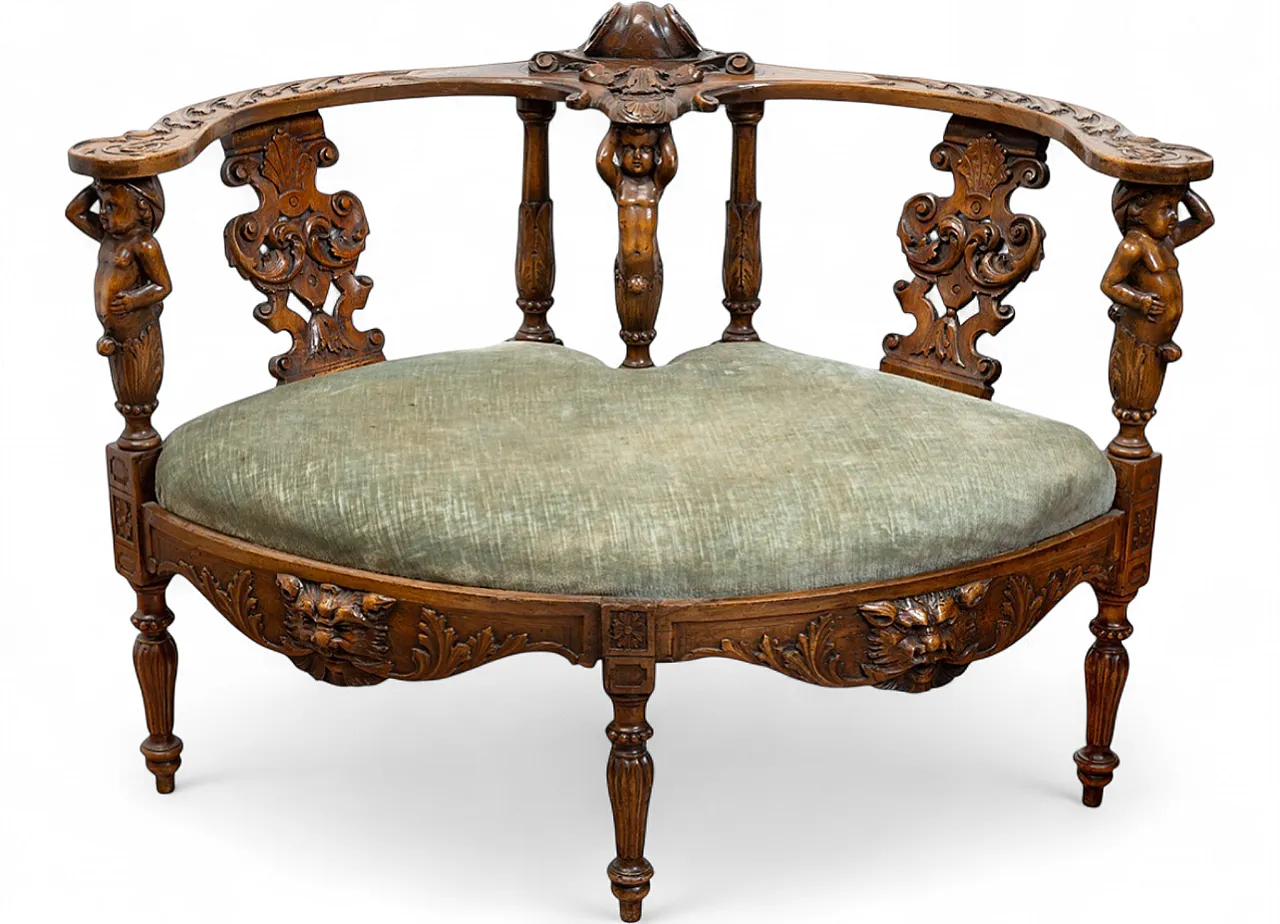 Carved curved Neo Renaissance sofa in walnut, '800 9