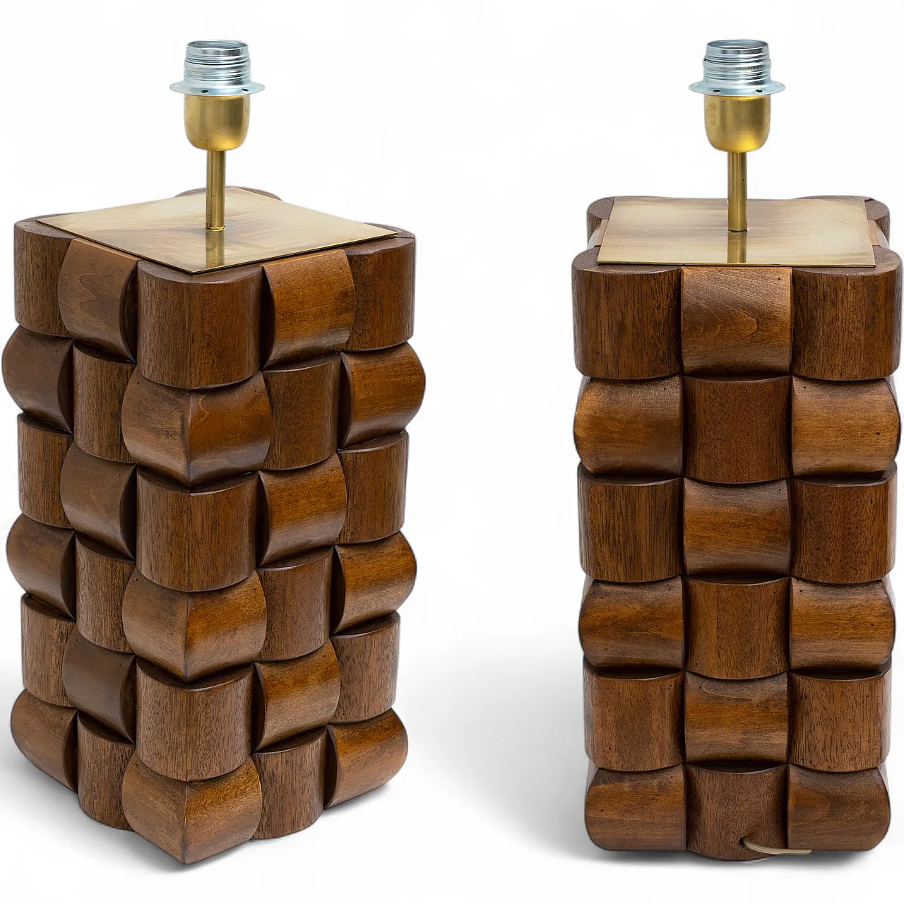 Coppia di lampade da tavolo scultoree in teak e ottone, anni 2000 7