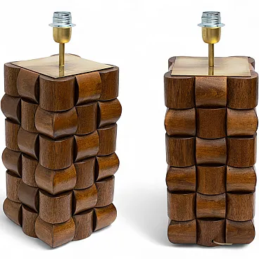 Pair of sculptural teak and brass table lamps, Italy, 2000s