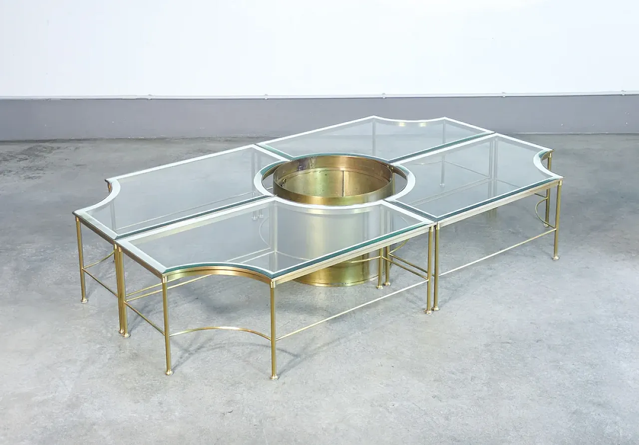Sectional coffee table with central brass and glass cachepot, 1970s 1