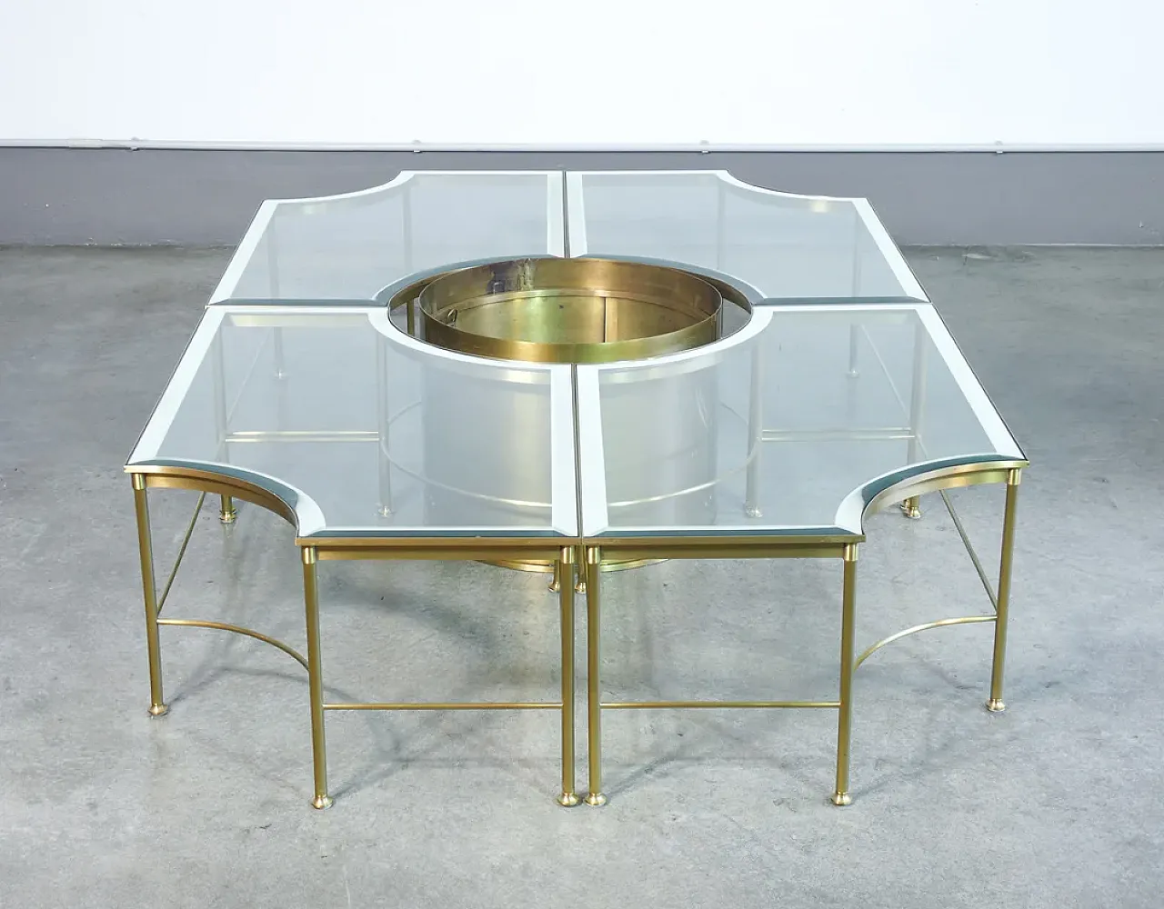 Sectional coffee table with central brass and glass cachepot, 1970s 3