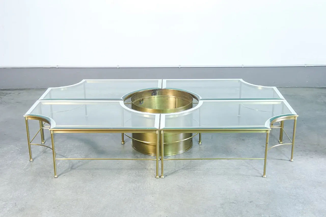 Sectional coffee table with central brass and glass cachepot, 1970s 4