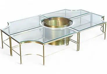 Sectional coffee table with central brass and glass cachepot, 1970s