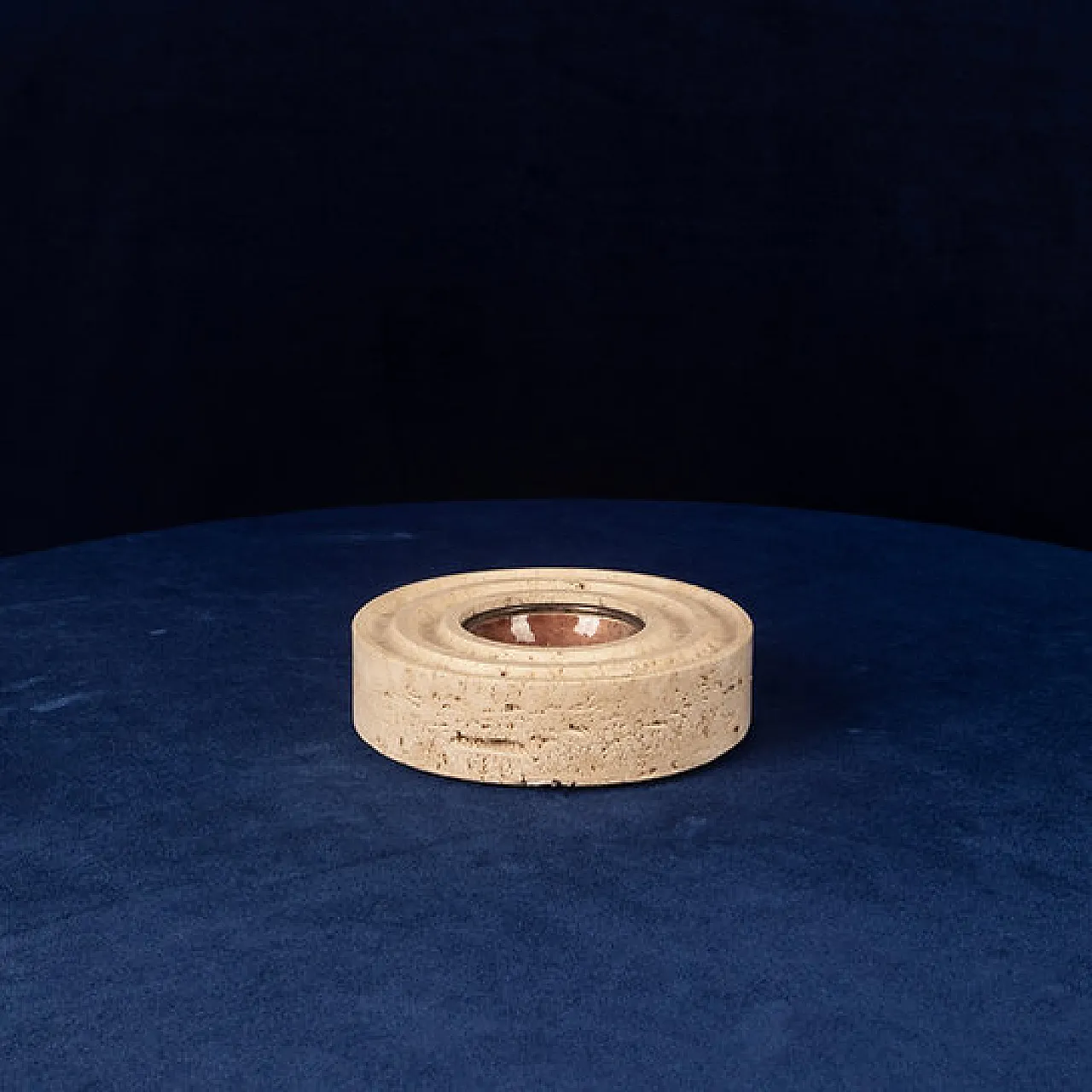 Round travertine and copper-toned metal ashtray, 1970s 1