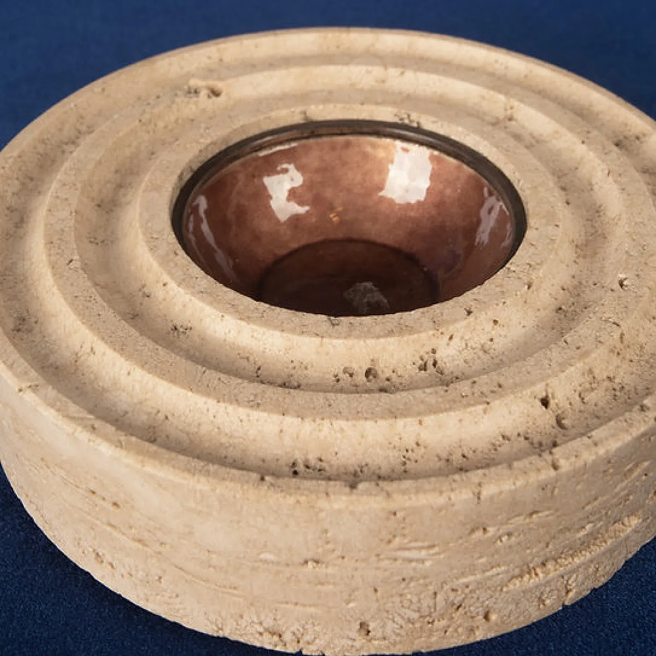 Round travertine and copper-toned metal ashtray, 1970s 2