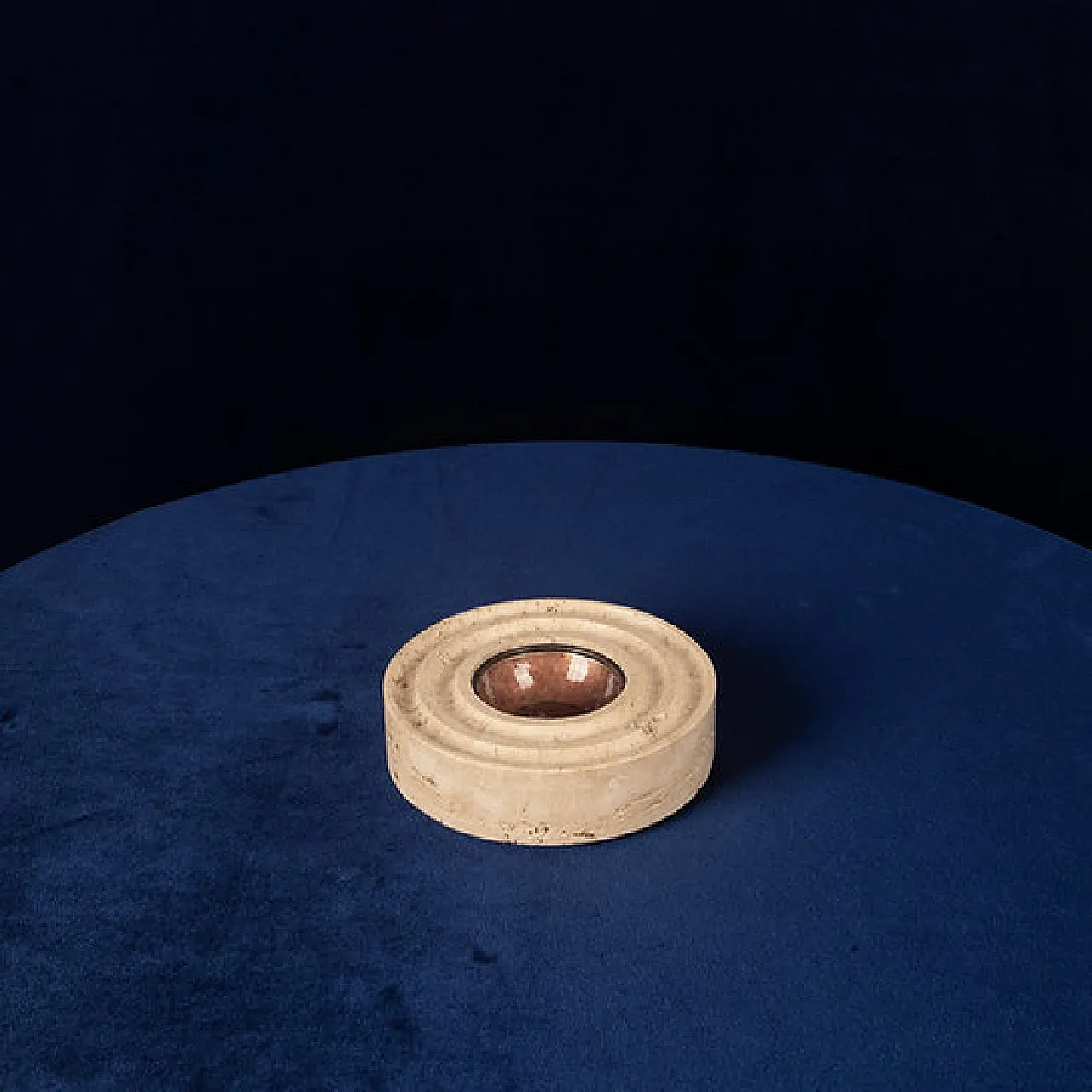 Round travertine and copper-toned metal ashtray, 1970s 3