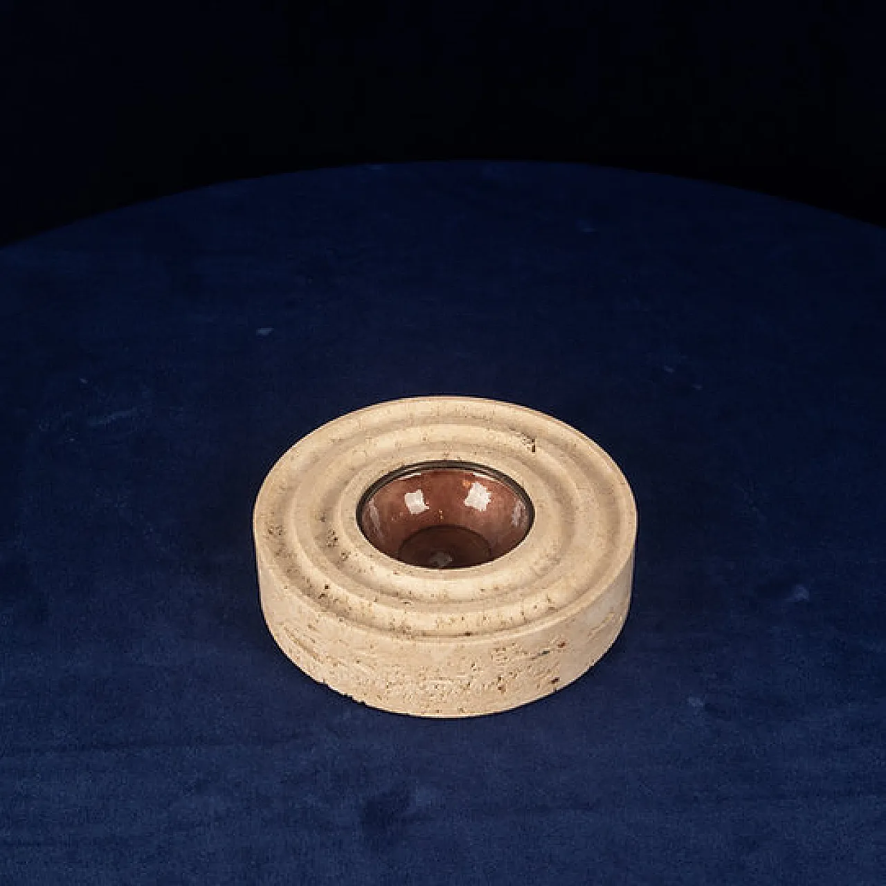 Round travertine and copper-toned metal ashtray, 1970s 4