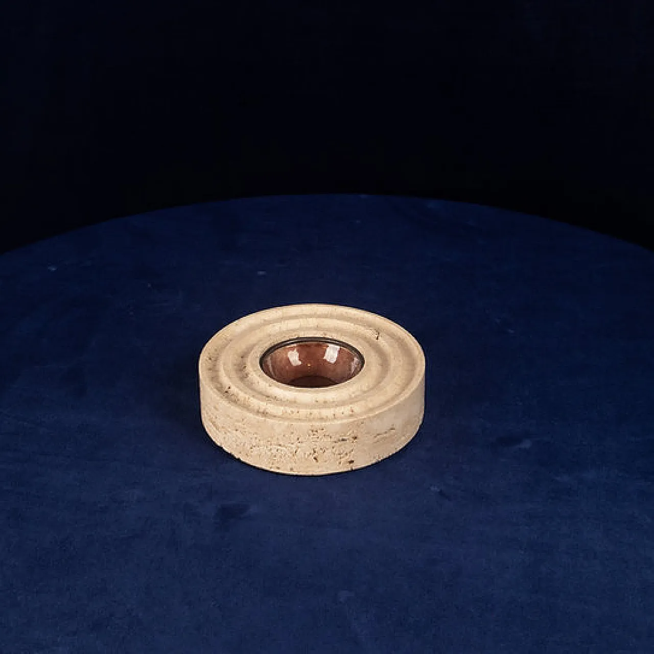 Round travertine and copper-toned metal ashtray, 1970s 5