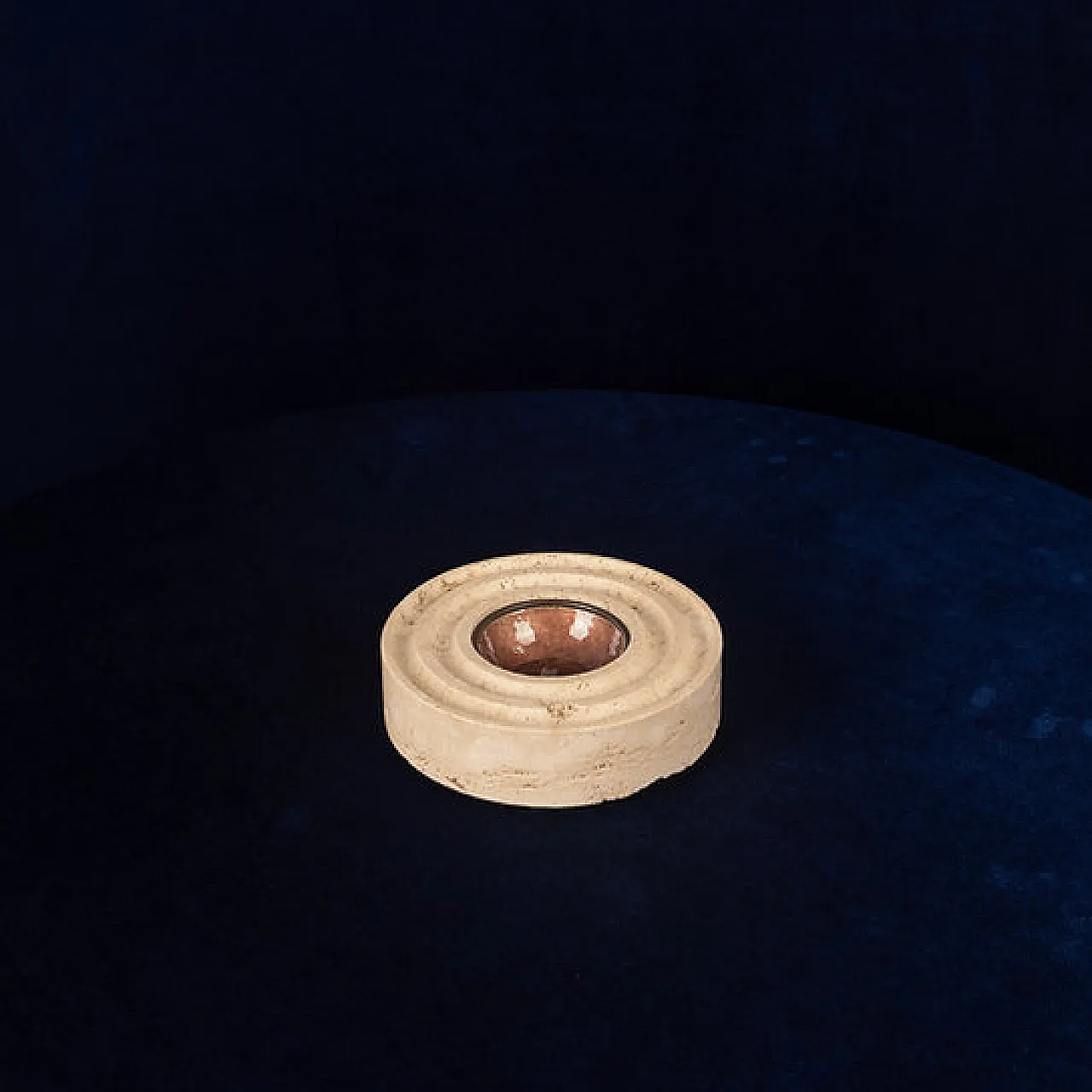 Round travertine and copper-toned metal ashtray, 1970s 6