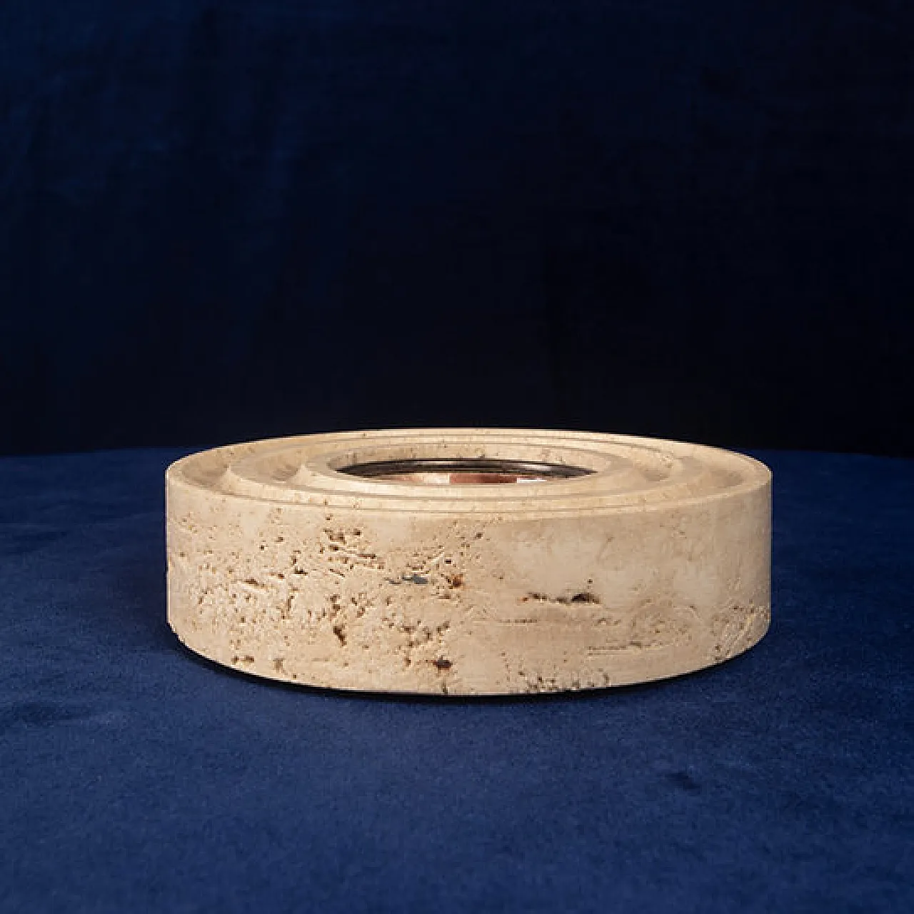 Round travertine and copper-toned metal ashtray, 1970s 8