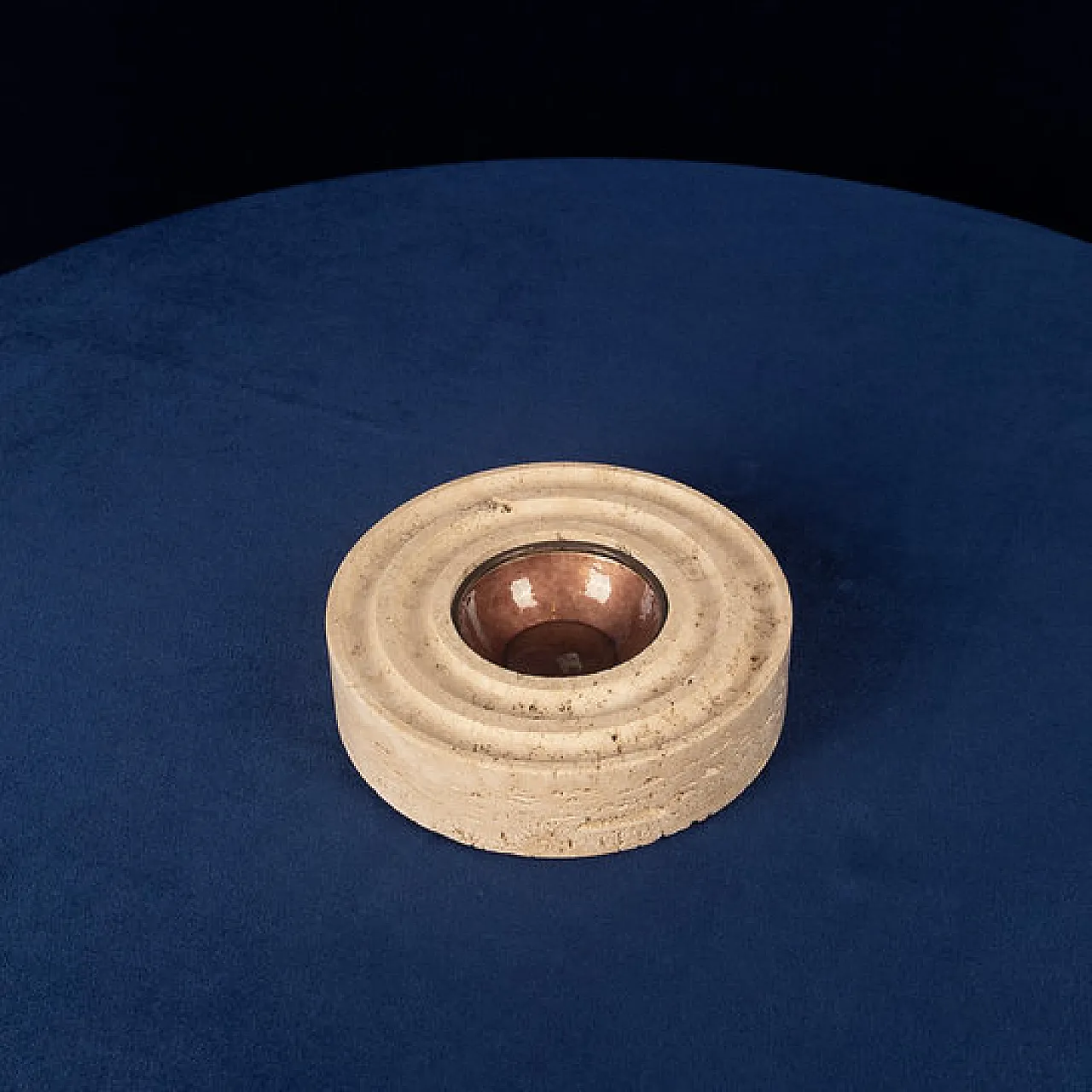 Round travertine and copper-toned metal ashtray, 1970s 9