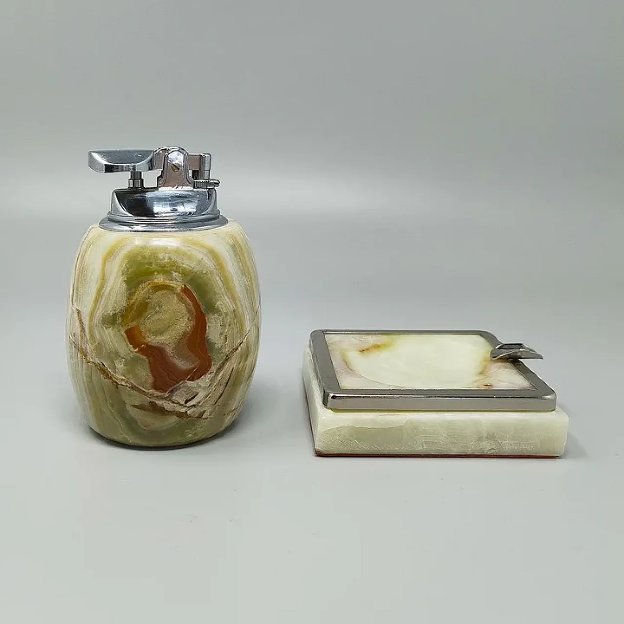Onyx and chrome table lighter and ashtray smoking set, 1960s 1