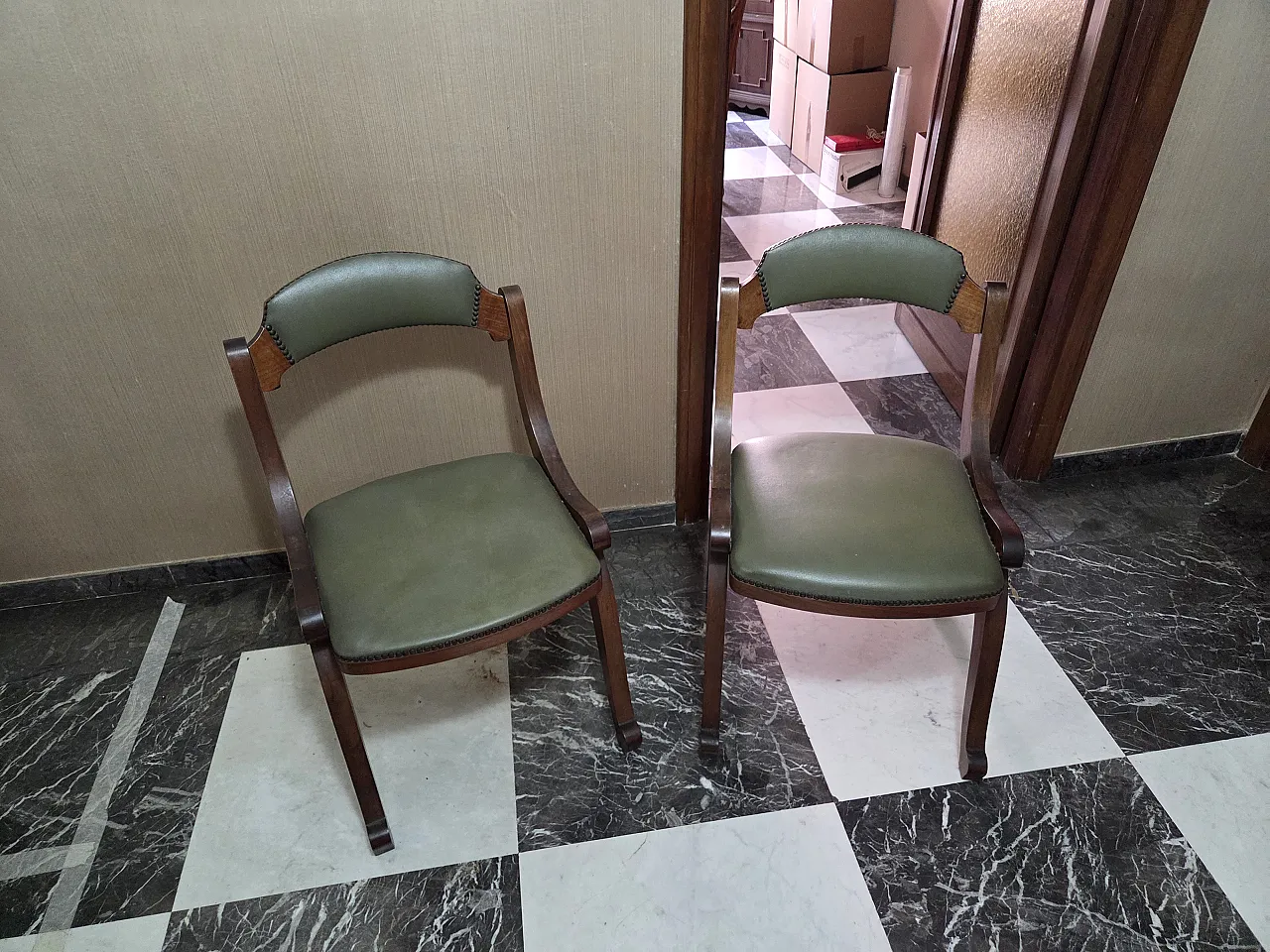 Pair of green leather modern armchairs, 1960s 1