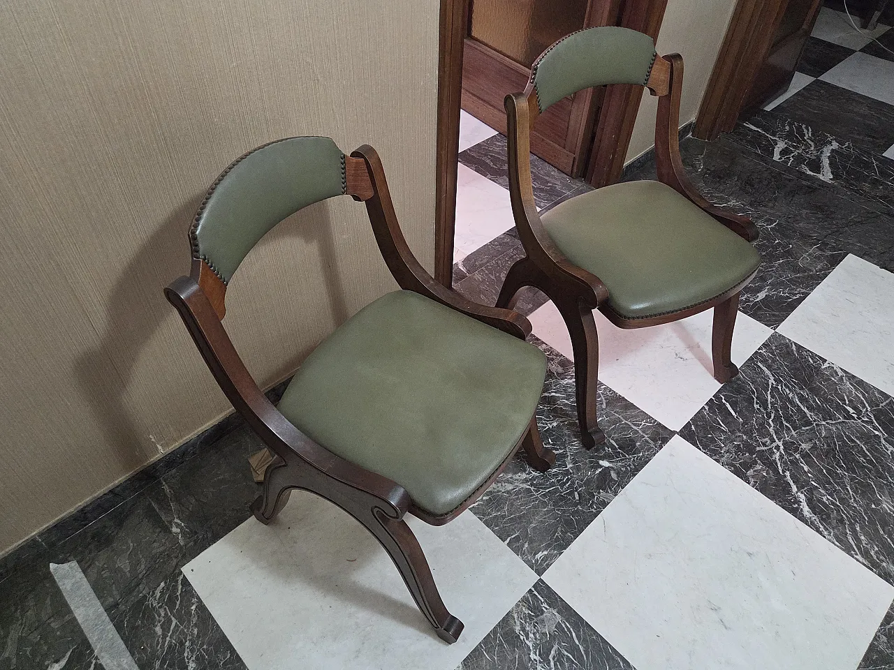 Pair of green leather modern armchairs, 1960s 3