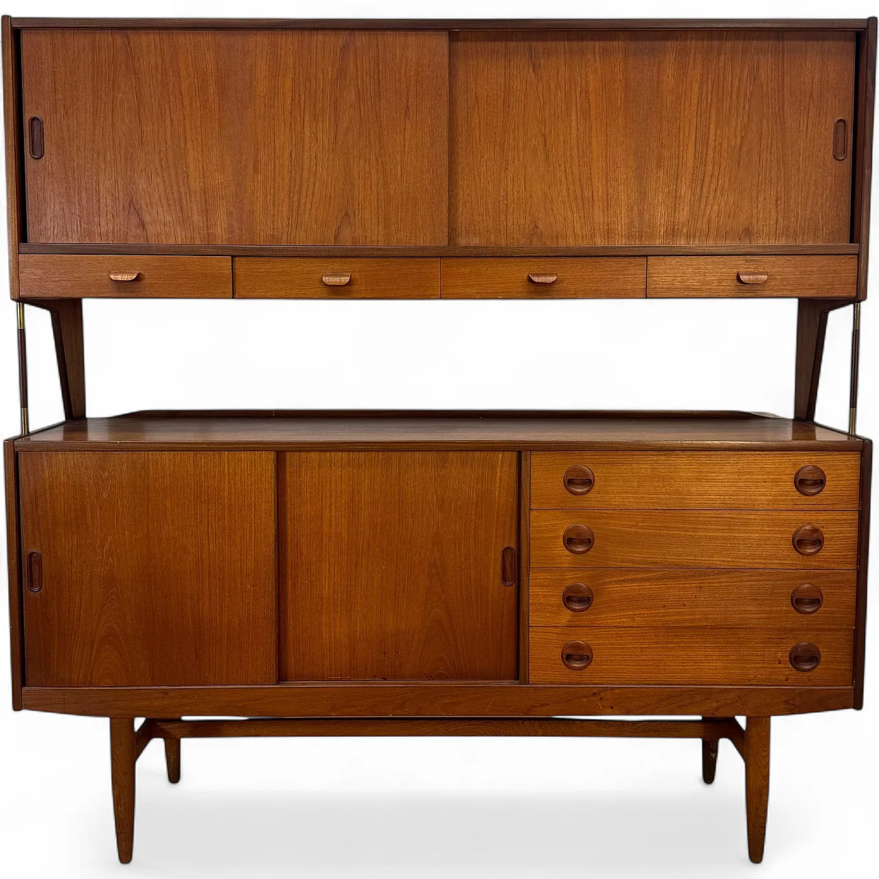 Highboard danese in teak con ante scorrevoli e cassetti, anni ’60 11
