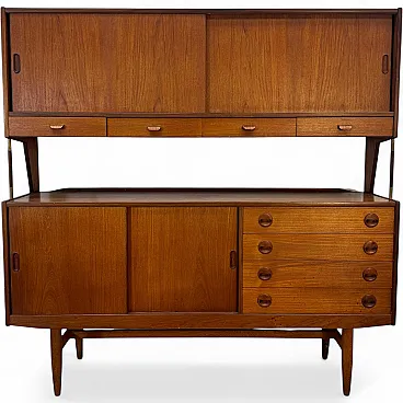 Highboard danese in teak con ante scorrevoli e cassetti, anni ’60