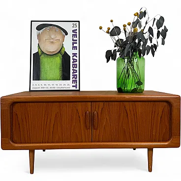 Dyrlund low teak sideboard with retractable doors, 1960s