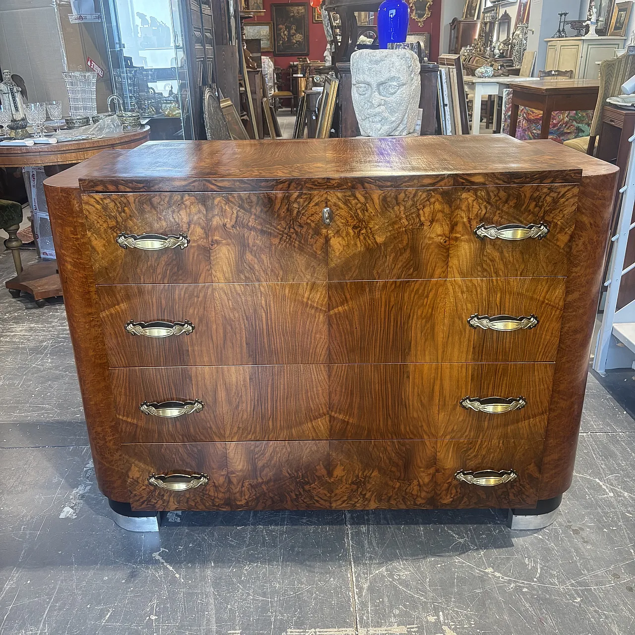Art Deco chest of drawers in walnut and metal, 1940s 1